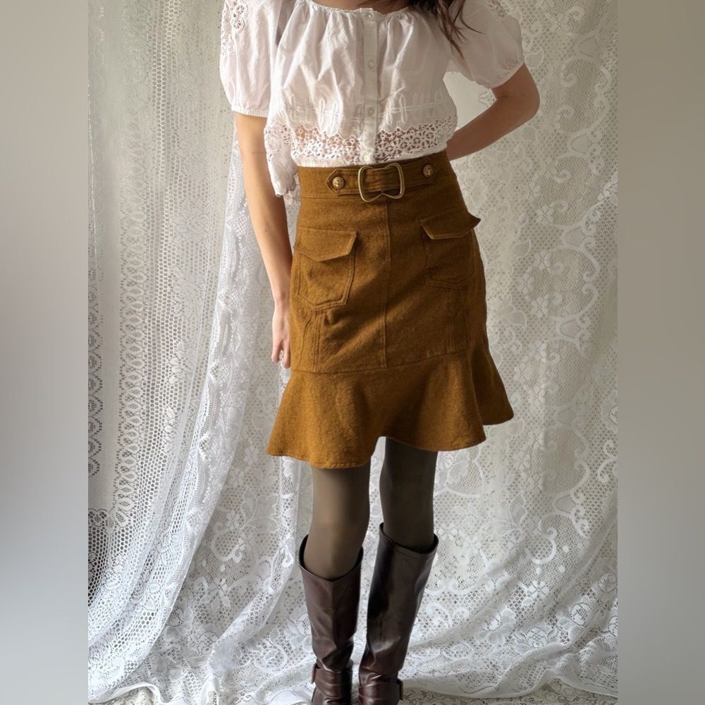 Vintage Inspired Mustard Wool Cargo Mini Skirt Buckle Flounce Hem - Picture 3 of 12
